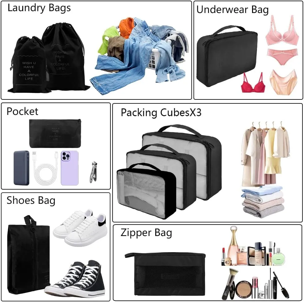 10 Set Packing Cubes for Travel, Lightweight Suitcase Luggage Organizer Bags, Travel Essentials Packing Organizers for Luggage, Packing Cubes for Carry On Suitcase in 4 Sizes with Shoe Bag, Black