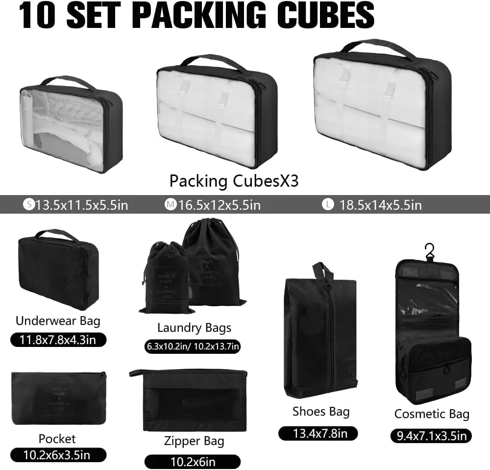 10 Set Packing Cubes for Travel, Lightweight Suitcase Luggage Organizer Bags, Travel Essentials Packing Organizers for Luggage, Packing Cubes for Carry On Suitcase in 4 Sizes with Shoe Bag, Black