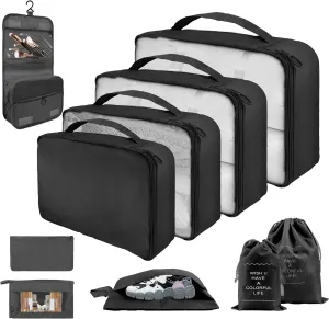 10 Set Packing Cubes for Travel, Lightweight Suitcase Luggage Organizer Bags, Travel Essentials Packing Organizers for Luggage, Packing Cubes for Carry On Suitcase in 4 Sizes with Shoe Bag, Black