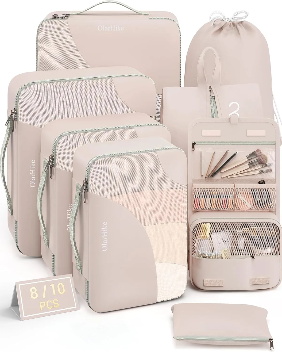 10 Set/8 Set Packing Cubes for Travel, Gifts for Women Mom,Anti-Tearing Suitcase Organizer for Luggage with Shoe & Hanging Toiletry Bag,OlarHike Vacation Essentials & Accessories for Cruise Ship,Cream