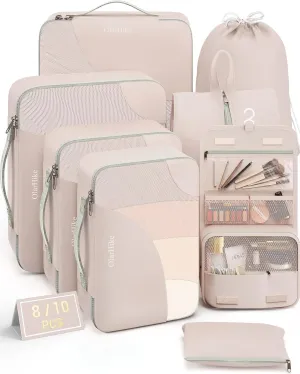 10 Set/8 Set Packing Cubes for Travel, Gifts for Women Mom,Anti-Tearing Suitcase Organizer for Luggage with Shoe & Hanging Toiletry Bag,OlarHike Vacation Essentials & Accessories for Cruise Ship,Cream