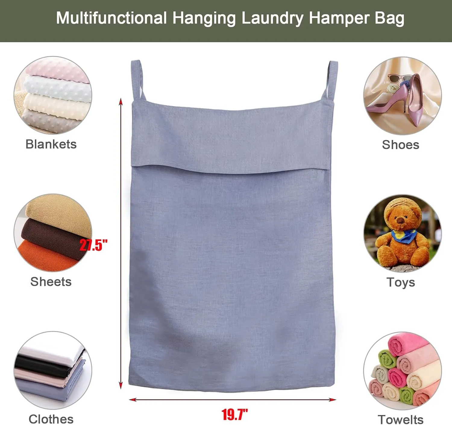 100% Pure Linen Hanging Laundry Bag with Bottom Zipper, Over The Door Laundry Hamper Space Saving Hampers for Dirty Clothes Home Travel, 19.7x27.5inches,Denim Blue