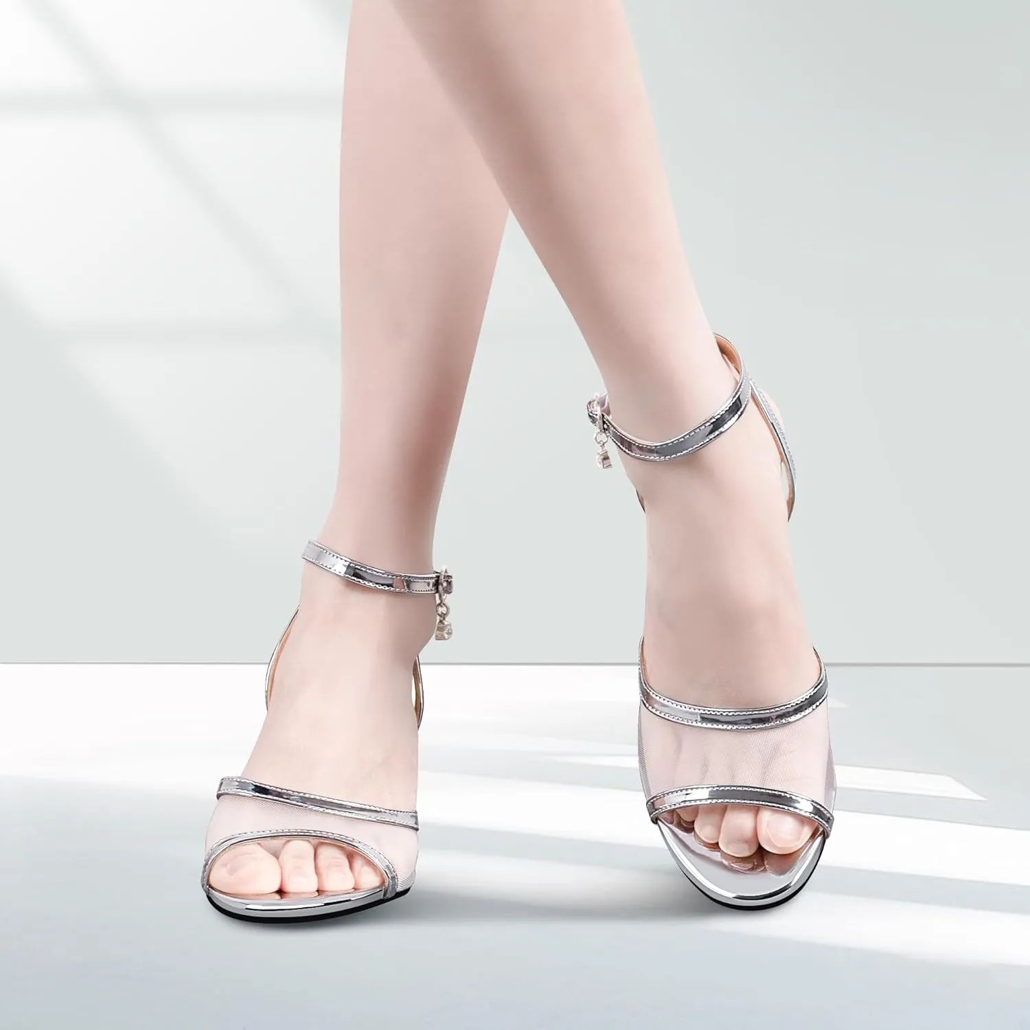 100FIXEO Women's High Heel Sandals - Fashionable Silver Open-Toe Summer Shoes for Weddings, Parties, Office & Evening Events