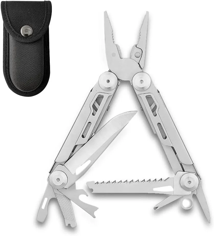 12-in-1 Stainless Steel Multi Tool with Pocket Knife Wire Stripper, Needle Nose Pliers and Pocket Clip, Nylon Sheath, Outdoors, Camping, Hiking, Fishing, Survival
