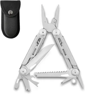 12-in-1 Stainless Steel Multi Tool with Pocket Knife Wire Stripper, Needle Nose Pliers and Pocket Clip, Nylon Sheath, Outdoors, Camping, Hiking, Fishing, Survival
