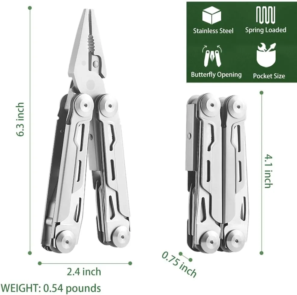 12-in-1 Stainless Steel Multi Tool with Pocket Knife Wire Stripper, Needle Nose Pliers and Pocket Clip, Nylon Sheath, Outdoors, Camping, Hiking, Fishing, Survival