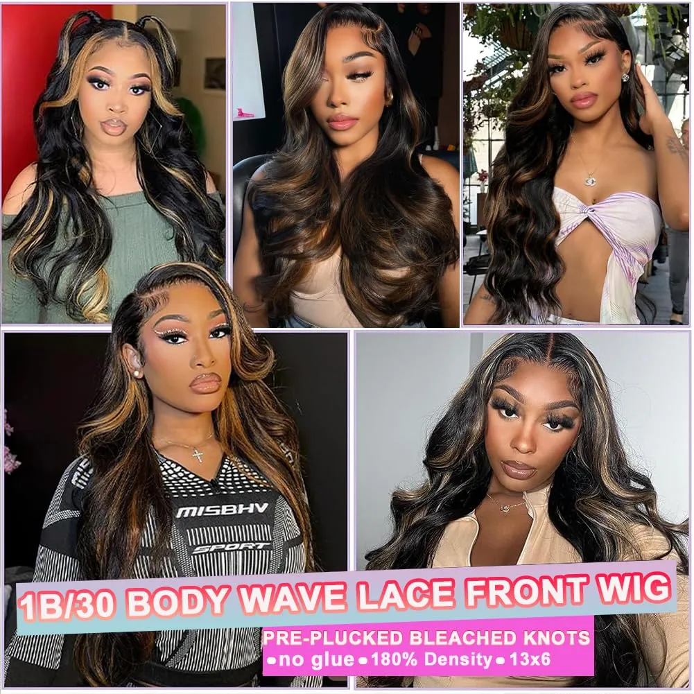 13x6 Ombre Lace Front Wig Human Hair 1B/30 Highlight Lace Front Wig Human Hair 180% Density Body Wave HD Transparent Lace Frontal Wigs Human Hair Colored Balayage Wig for Black Women 26 Inch