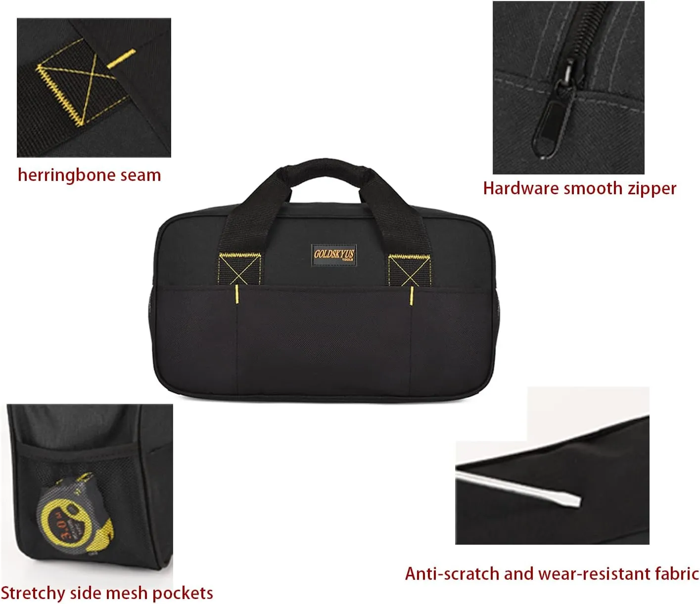 14Inch Close Top Wide Mouth Tool Storage Bag,Small tool bag with Waterproofed. Electricians Repairman Tools Tote Bag Double Fabric Storage Bag for Electrician, Plumbing, Gardening (Black)