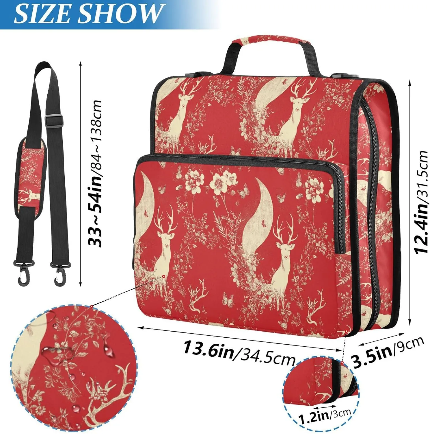1.5 Inch 3 Rings Zipper Binder with Handle and Removable Shoulder Strap Includes Zip Pocket Portable Home Travel Safe Storage Bag for School Chic Deer