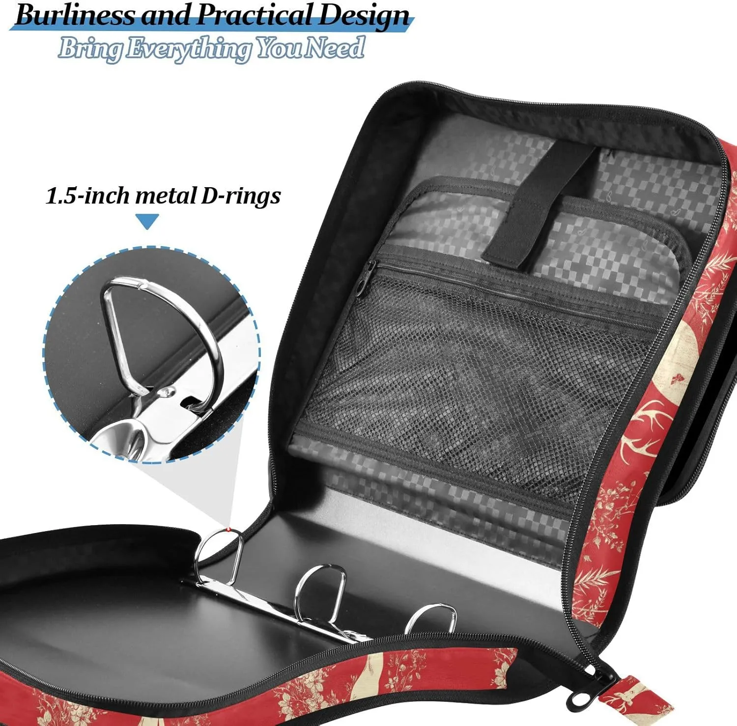 1.5 Inch 3 Rings Zipper Binder with Handle and Removable Shoulder Strap Includes Zip Pocket Portable Home Travel Safe Storage Bag for School Chic Deer