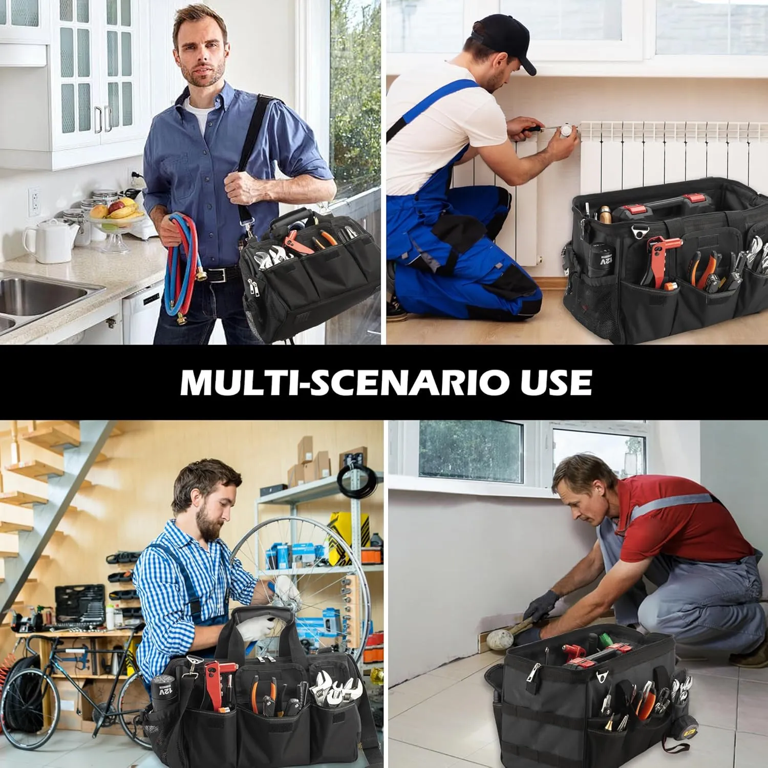 15 Inch Heavy Duty Tool Bag, Portable Tool Box Organizer Storage with Adjustable Shoulder Strap, Tactical Carry Tote Toolbox with Large Zipper