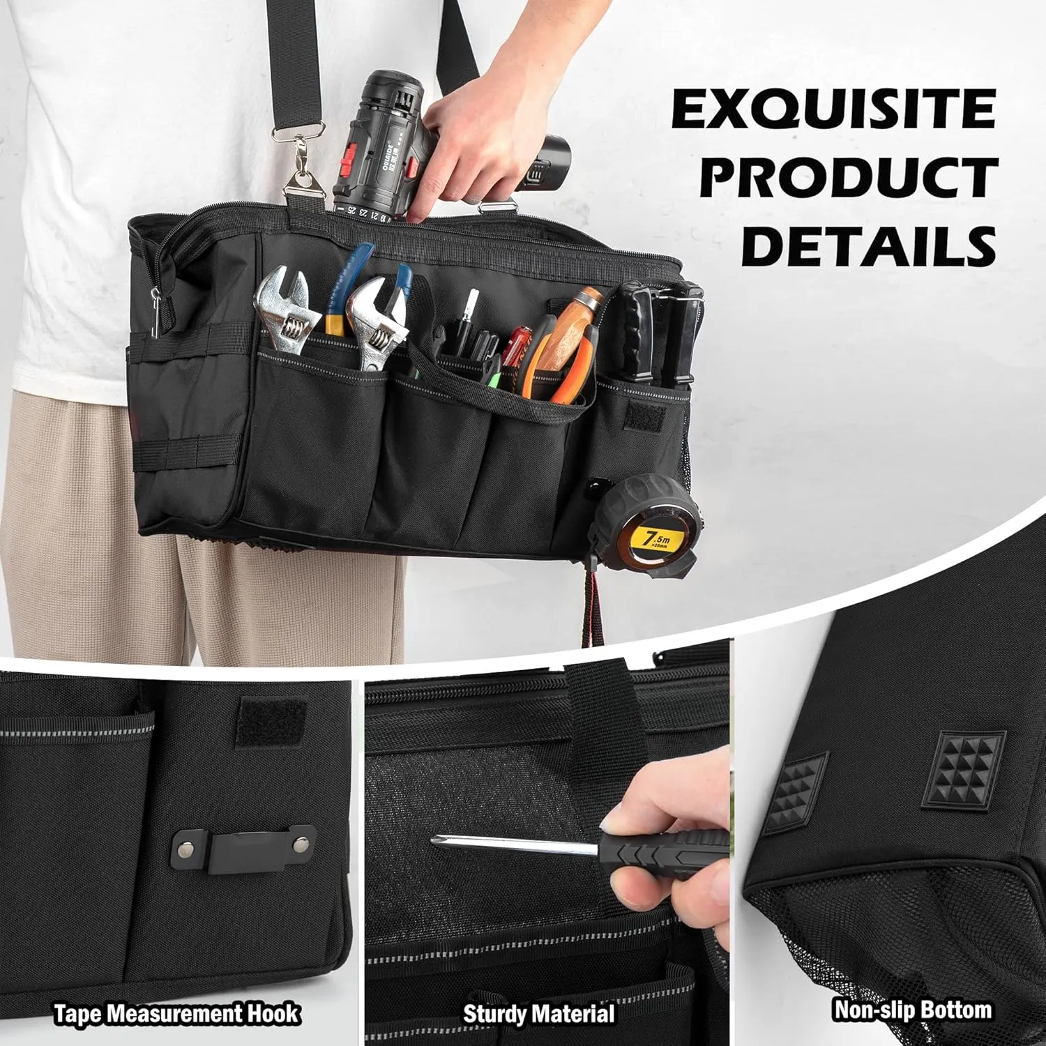 15 Inch Heavy Duty Tool Bag, Portable Tool Box Organizer Storage with Adjustable Shoulder Strap, Tactical Carry Tote Toolbox with Large Zipper