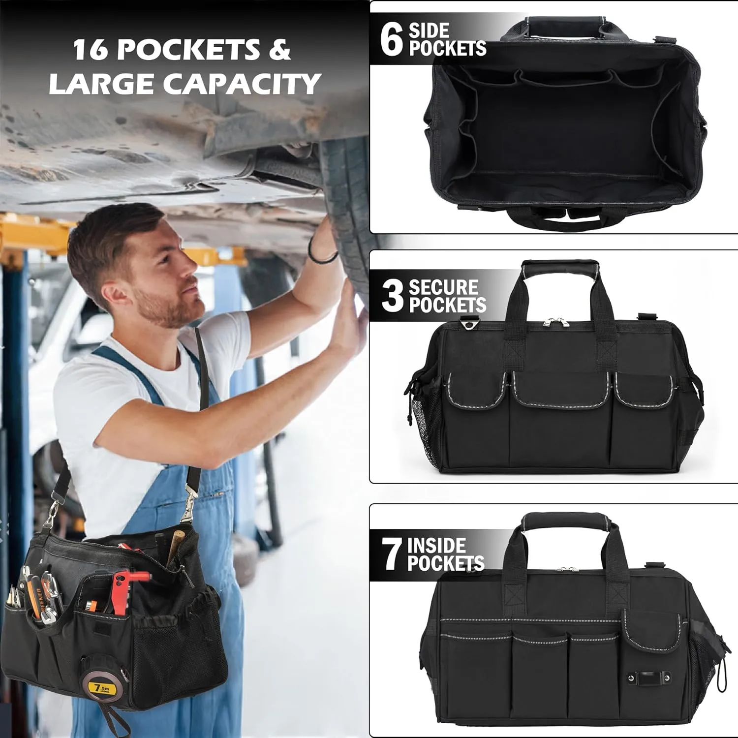 15 Inch Heavy Duty Tool Bag, Portable Tool Box Organizer Storage with Adjustable Shoulder Strap, Tactical Carry Tote Toolbox with Large Zipper