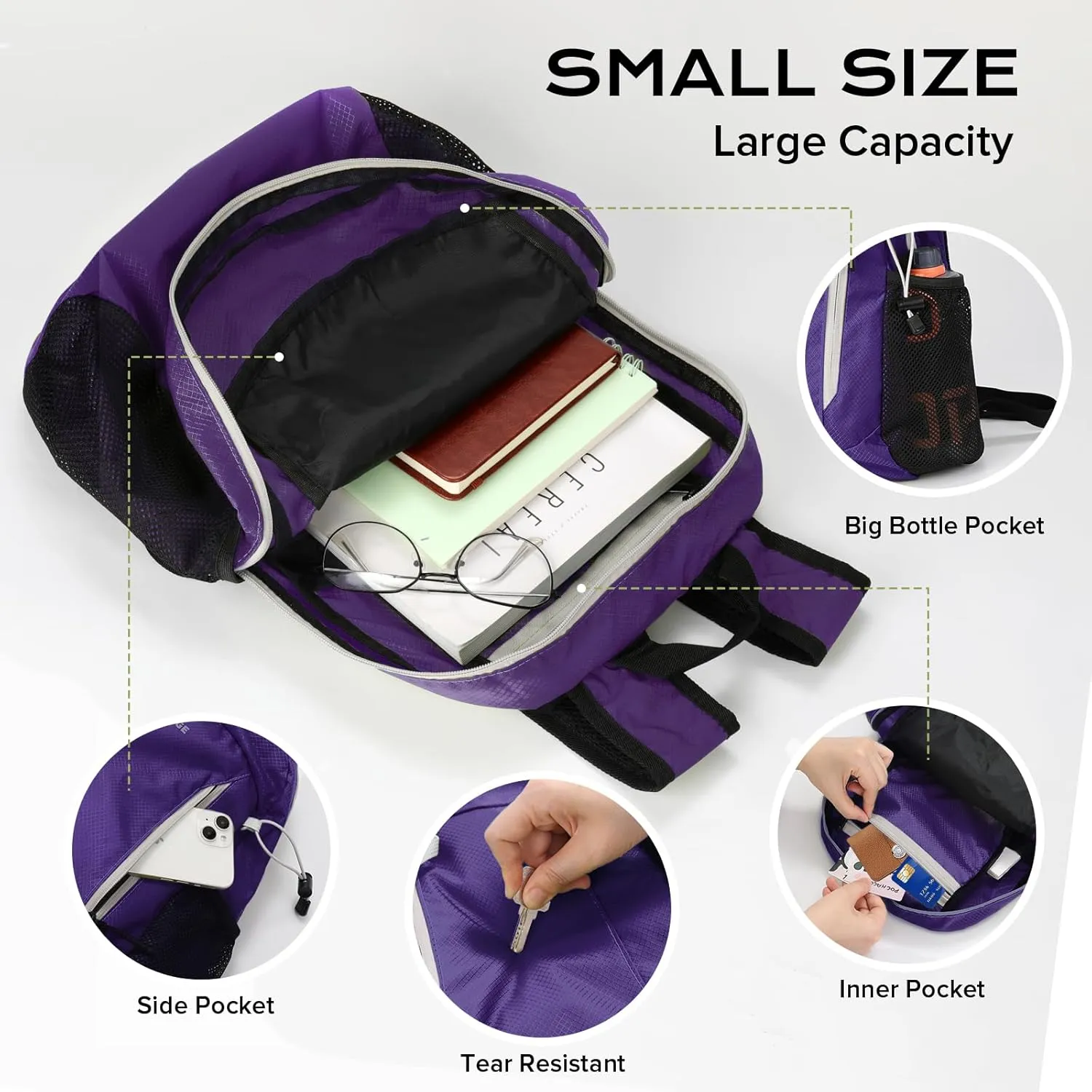 15L Water-resistant Hiking Daypack, Small Backpack Travel Outdoor, Lightweight Day Pack with Tool Loops
