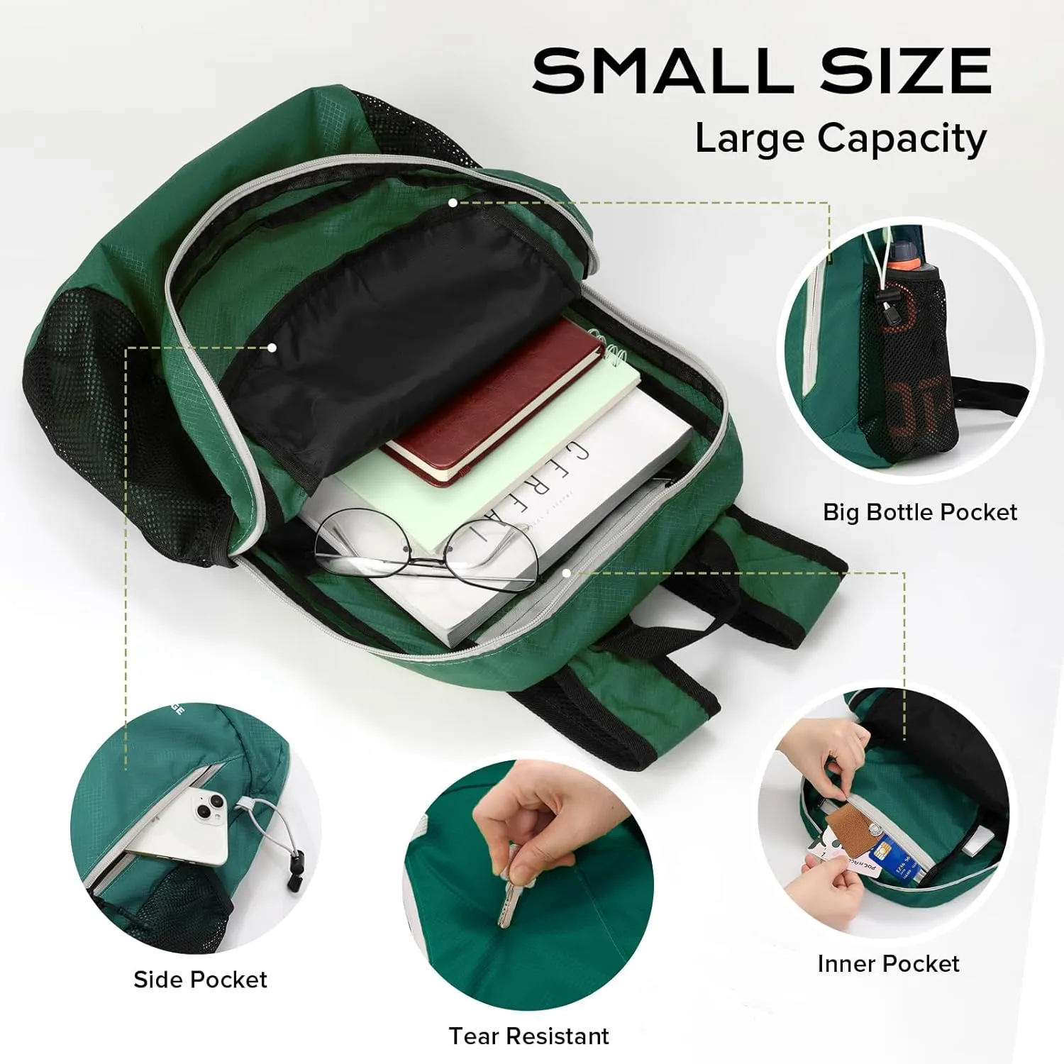 15L Water-resistant Hiking Daypack, Small Backpack Travel Outdoor, Lightweight Day Pack with Tool Loops