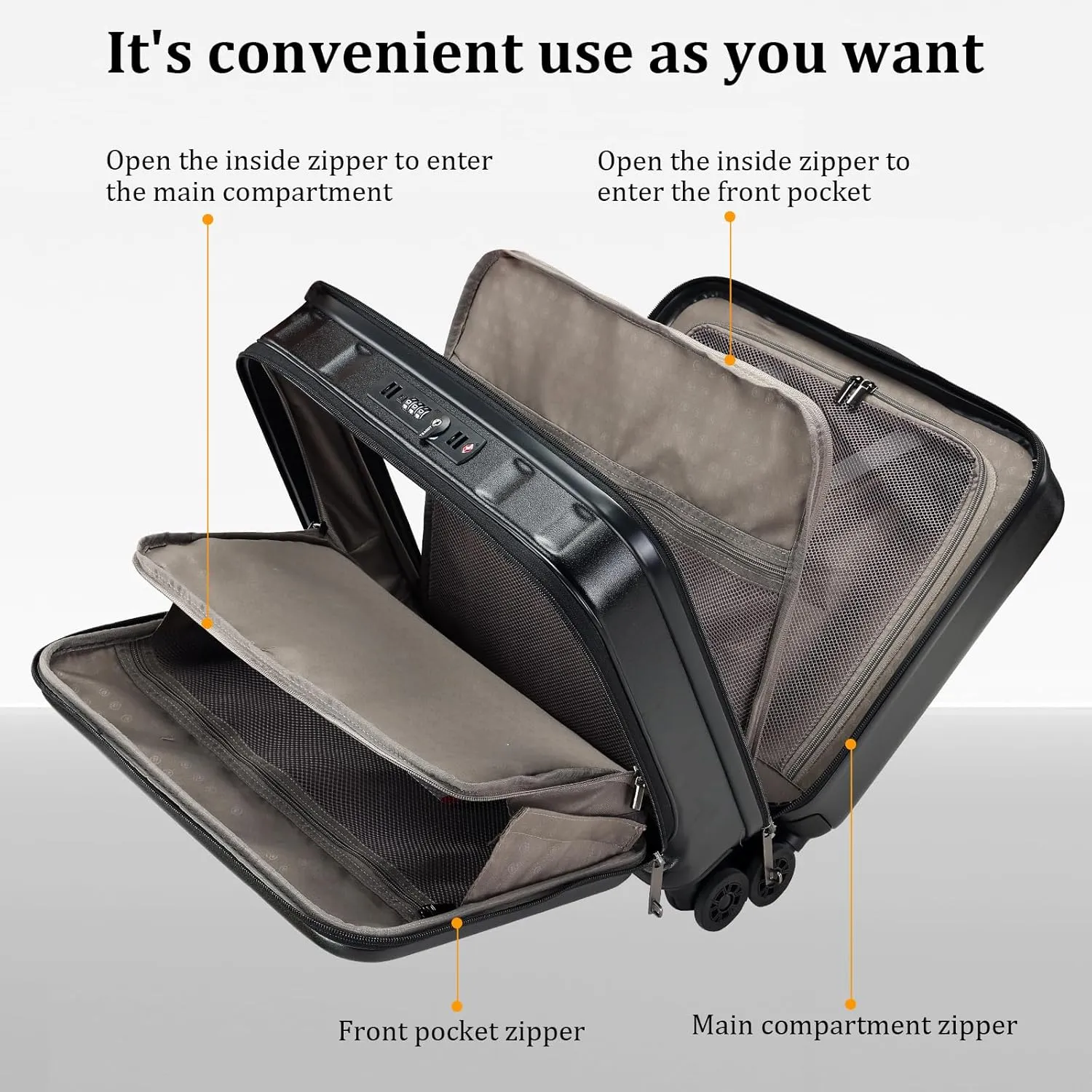 16 Inch Carry On Luggage with 2 Compartments for 14” & 15” Laptop, 16.14*8*17.12” Rolling Briefcase, Lightweight Hardshell ABS PC Suitcase with Spinner Silent Wheels, for Business Trip, Black