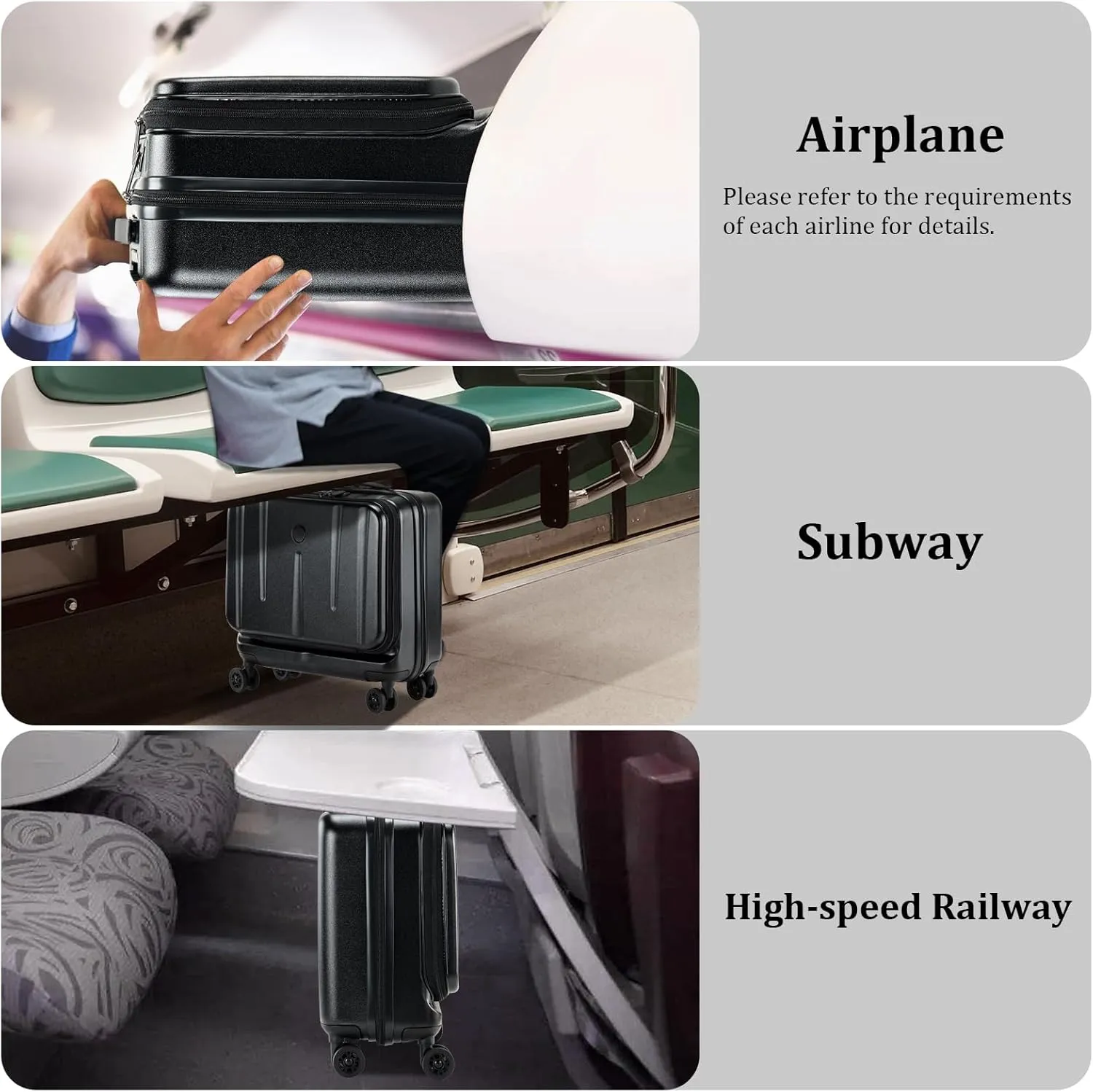 16 Inch Carry On Luggage with 2 Compartments for 14” & 15” Laptop, 16.14*8*17.12” Rolling Briefcase, Lightweight Hardshell ABS PC Suitcase with Spinner Silent Wheels, for Business Trip, Black