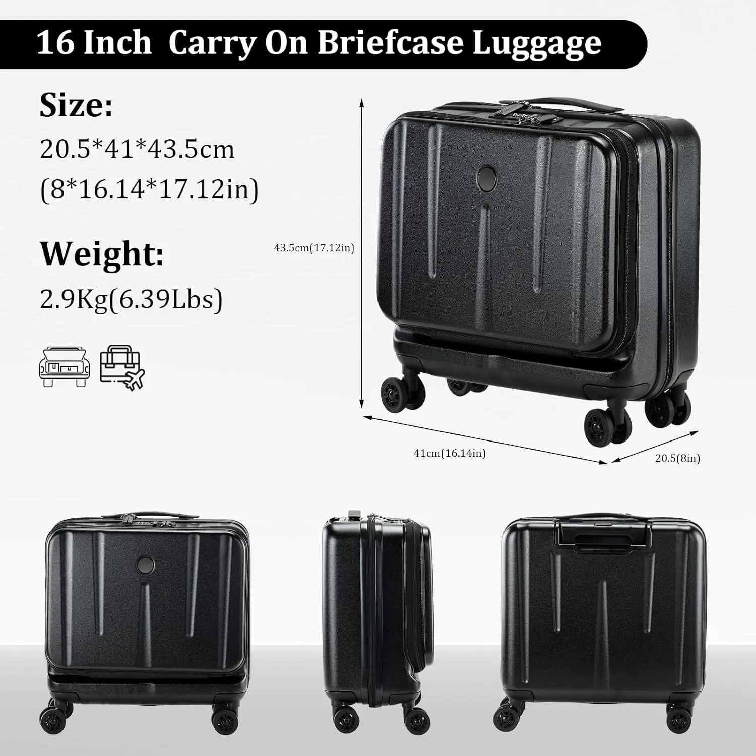 16 Inch Carry On Luggage with 2 Compartments for 14” & 15” Laptop, 16.14*8*17.12” Rolling Briefcase, Lightweight Hardshell ABS PC Suitcase with Spinner Silent Wheels, for Business Trip, Black