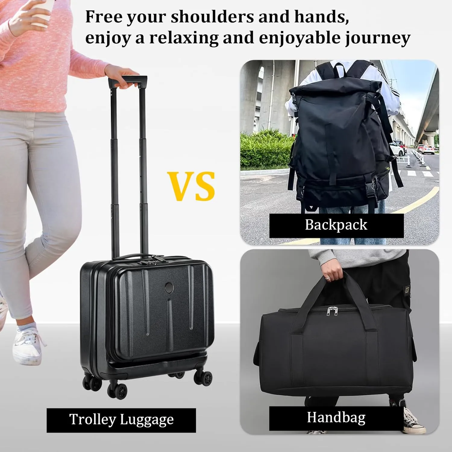 16 Inch Carry On Luggage with 2 Compartments for 14” & 15” Laptop, 16.14*8*17.12” Rolling Briefcase, Lightweight Hardshell ABS PC Suitcase with Spinner Silent Wheels, for Business Trip, Black