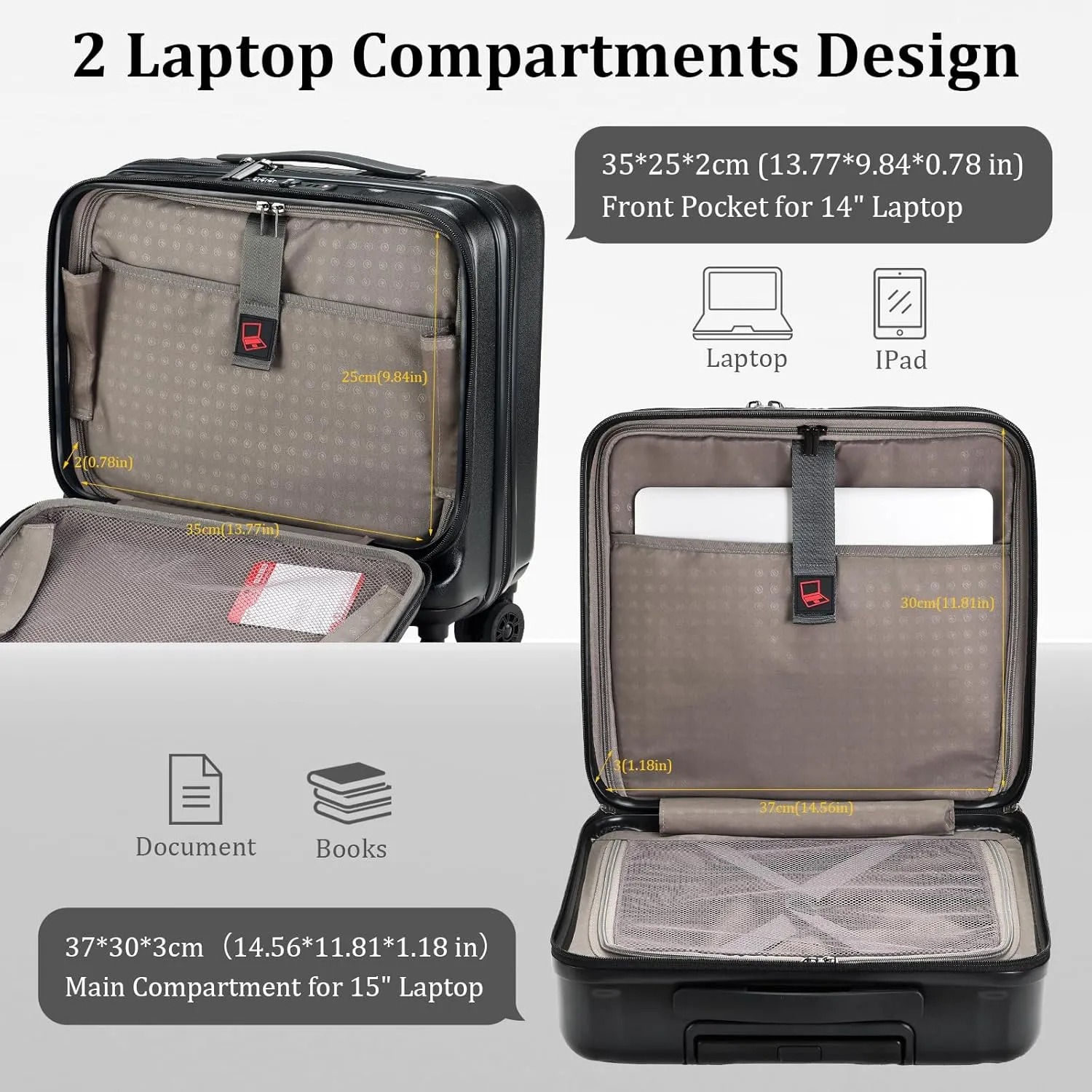 16 Inch Carry On Luggage with 2 Compartments for 14” & 15” Laptop, 16.14*8*17.12” Rolling Briefcase, Lightweight Hardshell ABS PC Suitcase with Spinner Silent Wheels, for Business Trip, Black