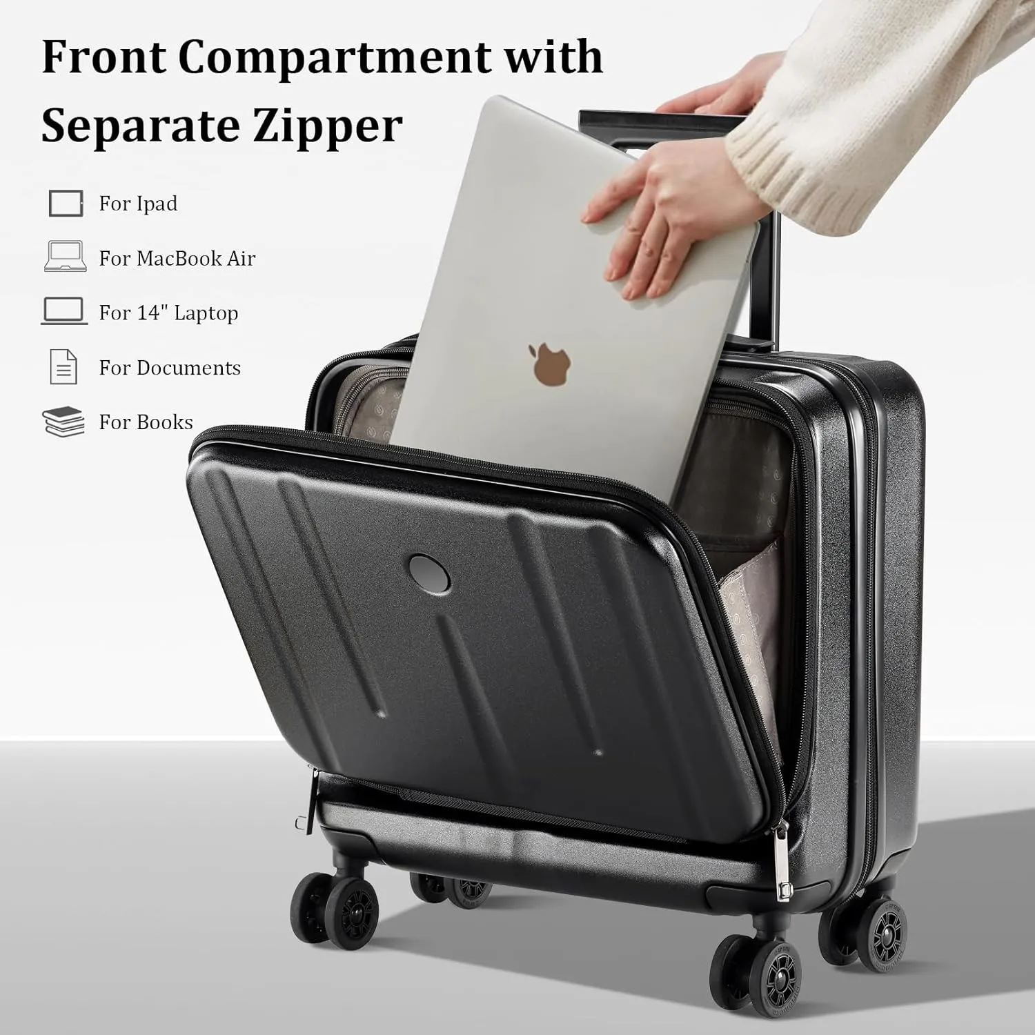 16 Inch Carry On Luggage with 2 Compartments for 14” & 15” Laptop, 16.14*8*17.12” Rolling Briefcase, Lightweight Hardshell ABS PC Suitcase with Spinner Silent Wheels, for Business Trip, Black