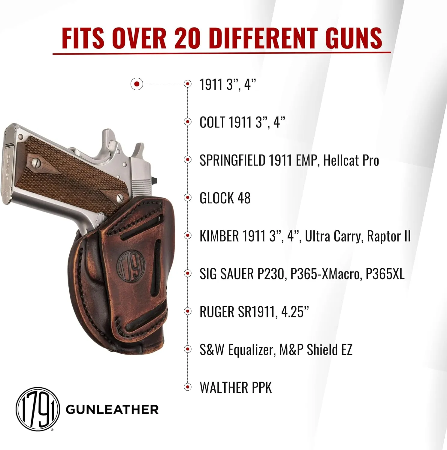 1791 Gunleather 3-Way 1911 Holster - Ambidextrous OWB CCW Leather Gun Holster - Fits All 1911 Models Sig, Colt, Kimber, Ruger, Browning, Taurus and Remmington