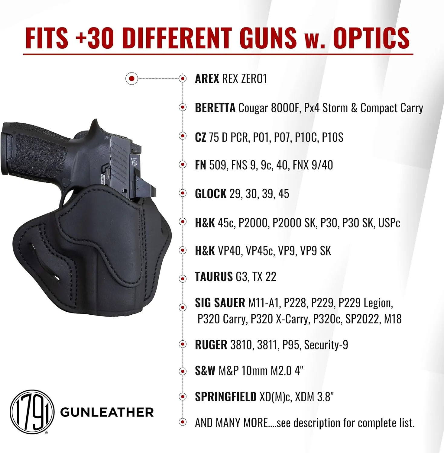 1791 GUNLEATHER P320c Optic Ready Holster - OWB CCW Leather Gun Holster for Belts - Right Handed - HK VP9sk, P2000, 45c, SIG P229c and Most compacts with Rails