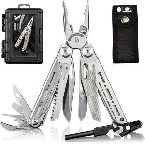 19 In 1 Multi Tool Pocket Knife Set, Stainless Steel Multitool Pliers with Fire Starter and Glass Breaker, Folding EDC Camping Survival Tools for Men (Silver)