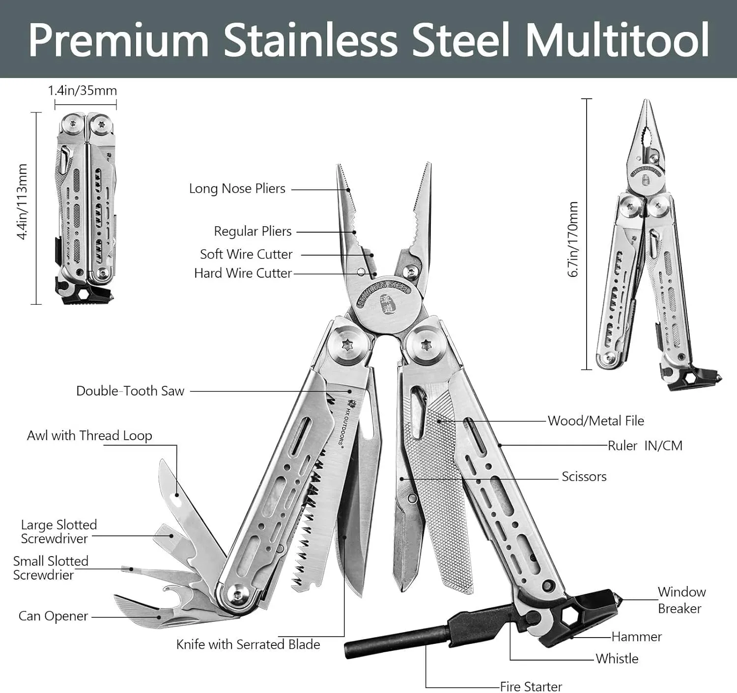 19 In 1 Multi Tool Pocket Knife Set, Stainless Steel Multitool Pliers with Fire Starter and Glass Breaker, Folding EDC Camping Survival Tools for Men (Silver)