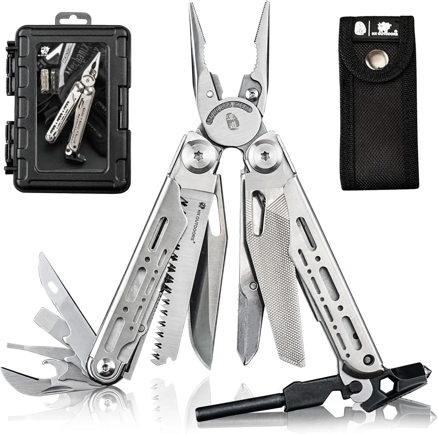 19 In 1 Multi Tool Pocket Knife Set, Stainless Steel Multitool Pliers with Fire Starter and Glass Breaker, Folding EDC Camping Survival Tools for Men (Silver)