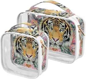 2 Pack clear Boho Style Flower Floral Yellow Tigers clear toiletry bag TSA approved reusable travel cosmetic bag travel essential