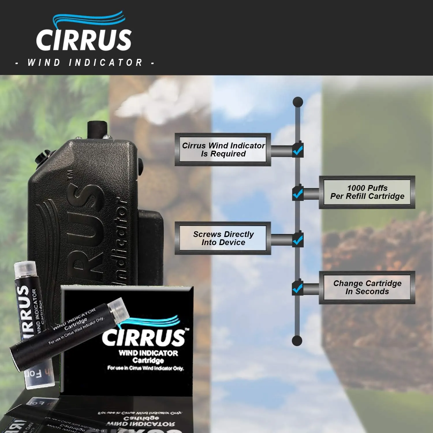 2 Pack Replacement Wind Direction Indicator Cartridges – Four Scents Available -Cloud, Earth, Acorn, and Pine – Over 2000 Puffs Per Pack – Perfect for Hunting, HVAC, Golfing, Dog Training