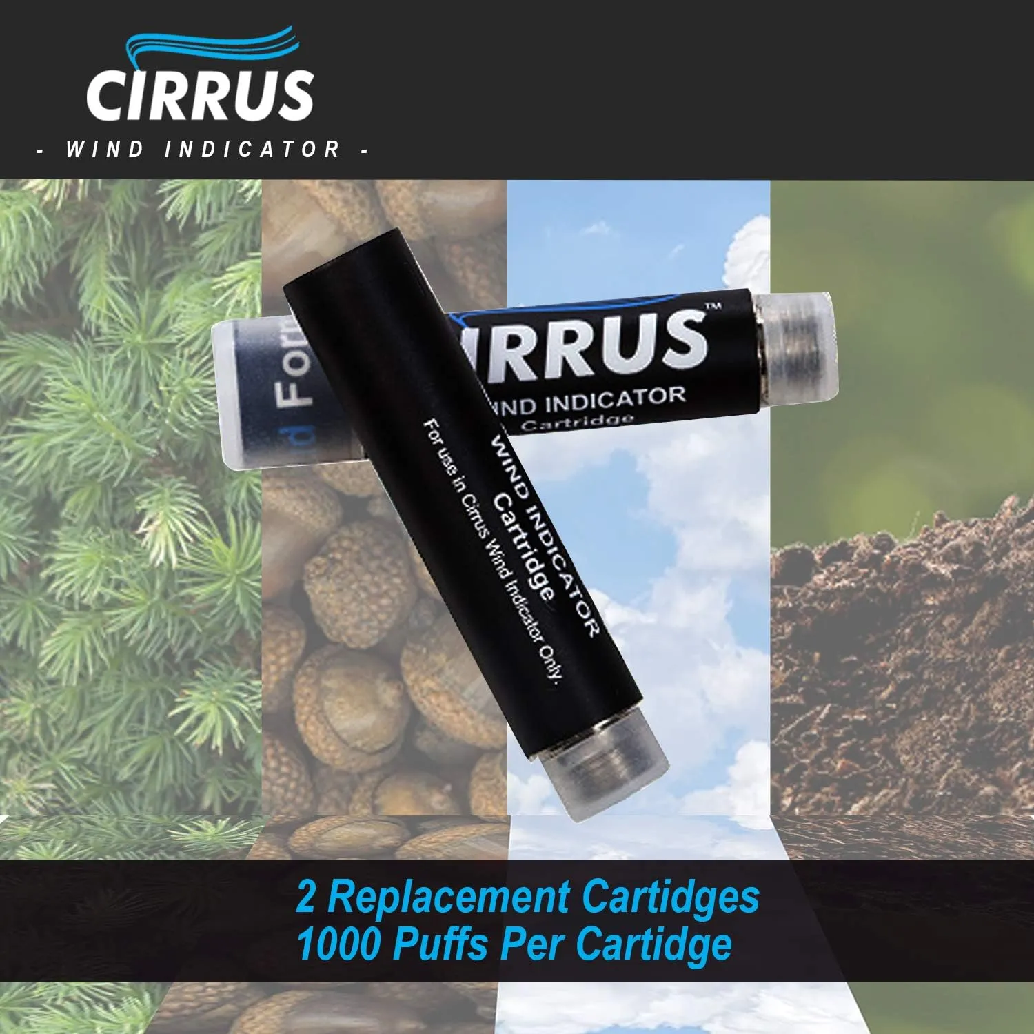2 Pack Replacement Wind Direction Indicator Cartridges – Four Scents Available -Cloud, Earth, Acorn, and Pine – Over 2000 Puffs Per Pack – Perfect for Hunting, HVAC, Golfing, Dog Training