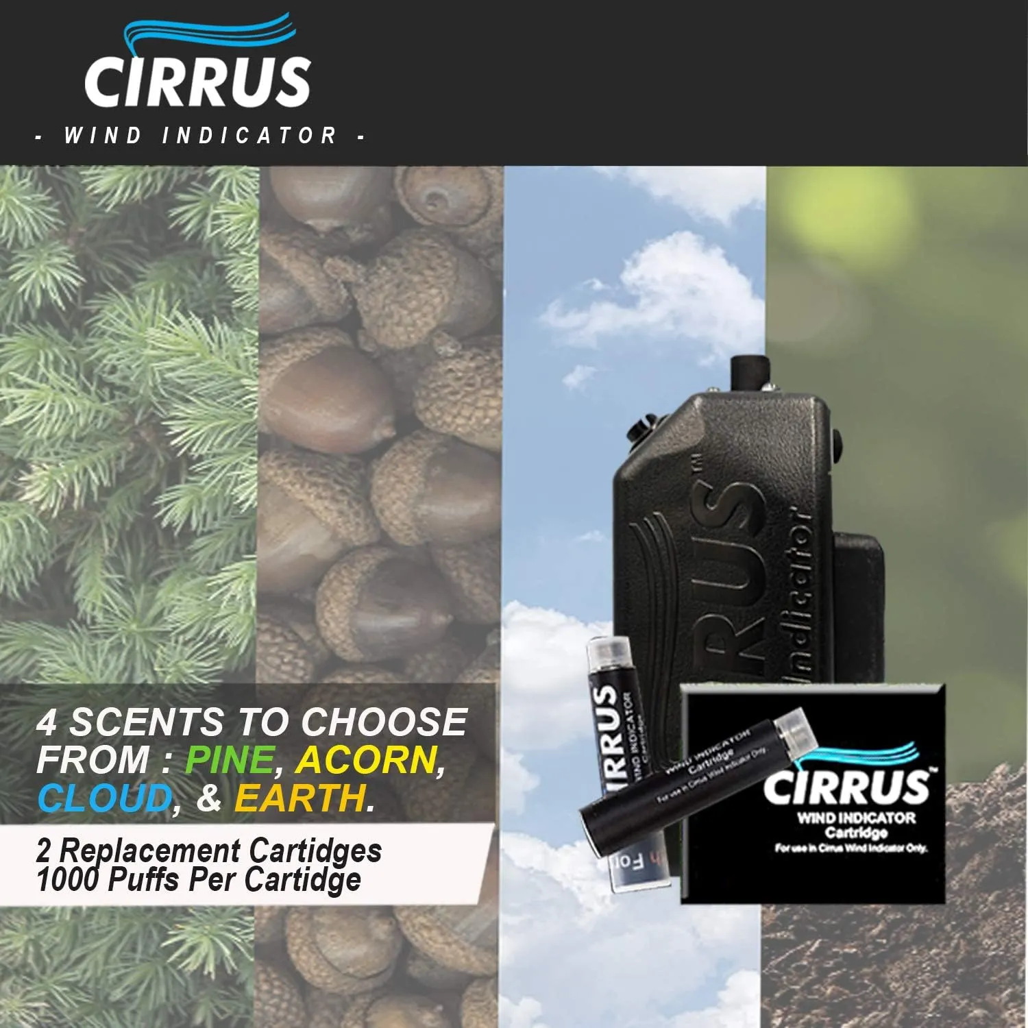 2 Pack Replacement Wind Direction Indicator Cartridges – Four Scents Available -Cloud, Earth, Acorn, and Pine – Over 2000 Puffs Per Pack – Perfect for Hunting, HVAC, Golfing, Dog Training