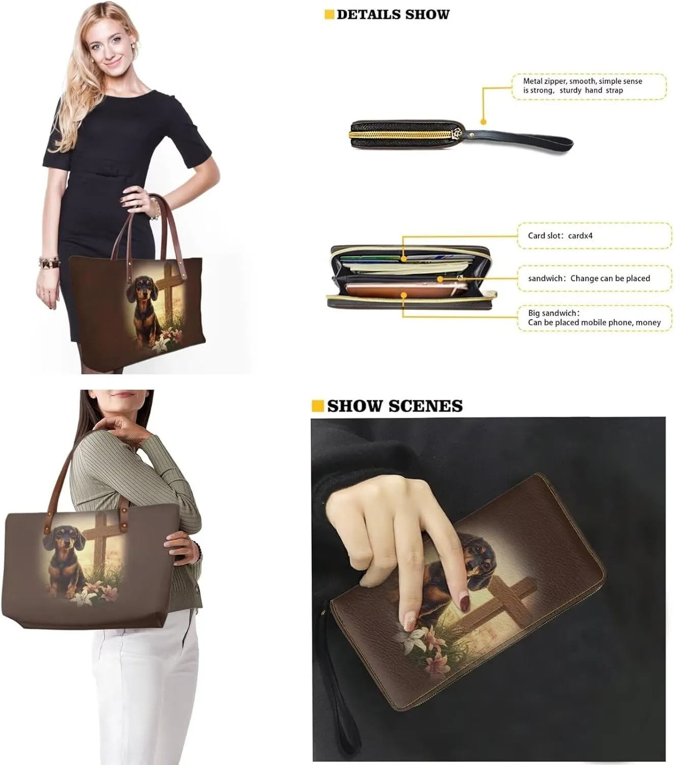 2 Pcs Purse and Wallet Set for Women Zipper Large Tote Bag Top Handle Purse with Leather Clutch