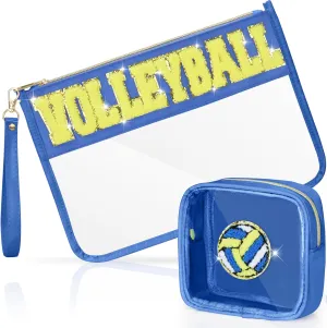 2 Pcs Volleyball Gifts Cosmetic Makeup Bag with Chenille Letter Patch, Clear Pouch PVC Organizer Purse, Waterproof Travel Bag, Portable Toiletry Storage Bag for Her Girls Friends Women