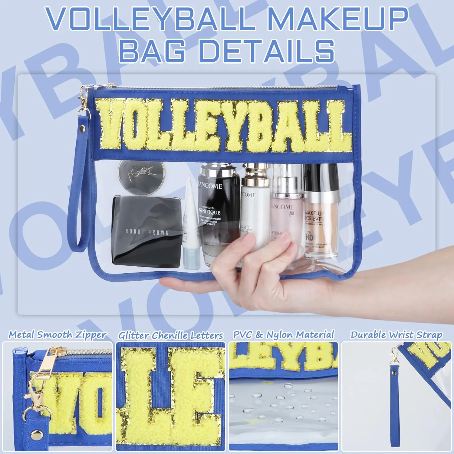 2 Pcs Volleyball Gifts Cosmetic Makeup Bag with Chenille Letter Patch, Clear Pouch PVC Organizer Purse, Waterproof Travel Bag, Portable Toiletry Storage Bag for Her Girls Friends Women