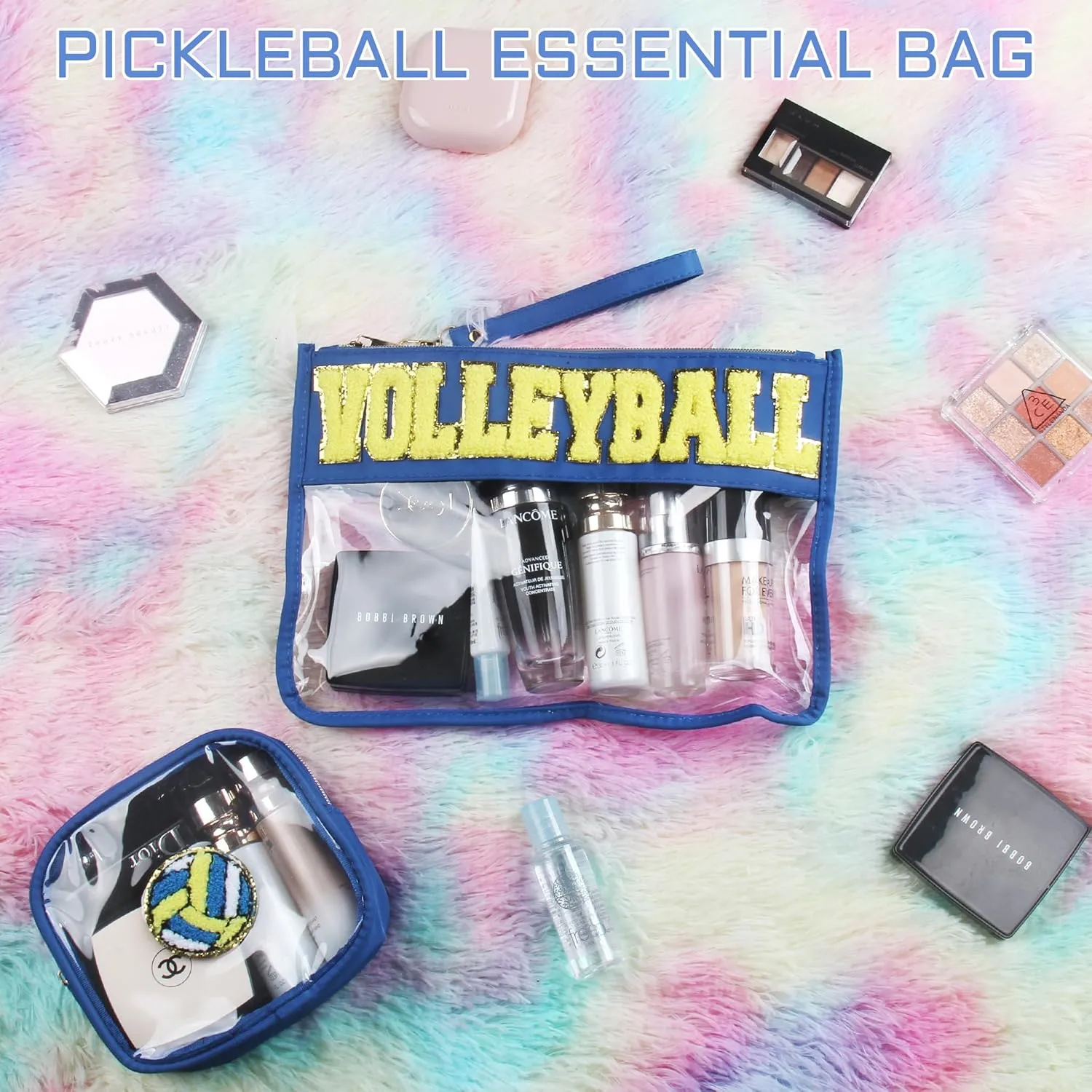 2 Pcs Volleyball Gifts Cosmetic Makeup Bag with Chenille Letter Patch, Clear Pouch PVC Organizer Purse, Waterproof Travel Bag, Portable Toiletry Storage Bag for Her Girls Friends Women