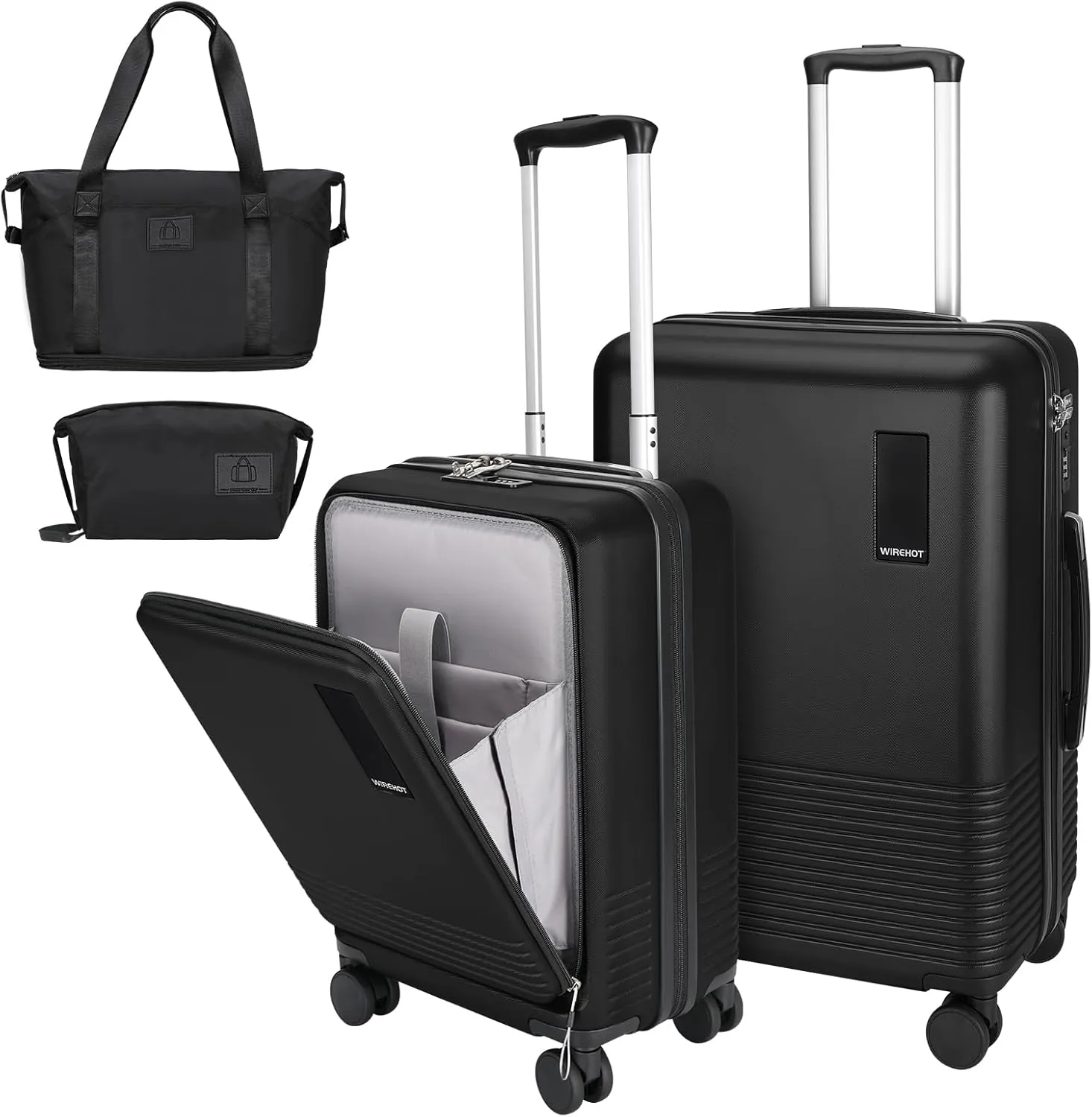 2 Piece Luggage Sets with Spinner Wheels Front Open Pocket, ABS PC Suitcase with TSA Lock & YKK Zipper, Carry On 20/24 inch Medium  Toiletry Bag Handbag, Black
