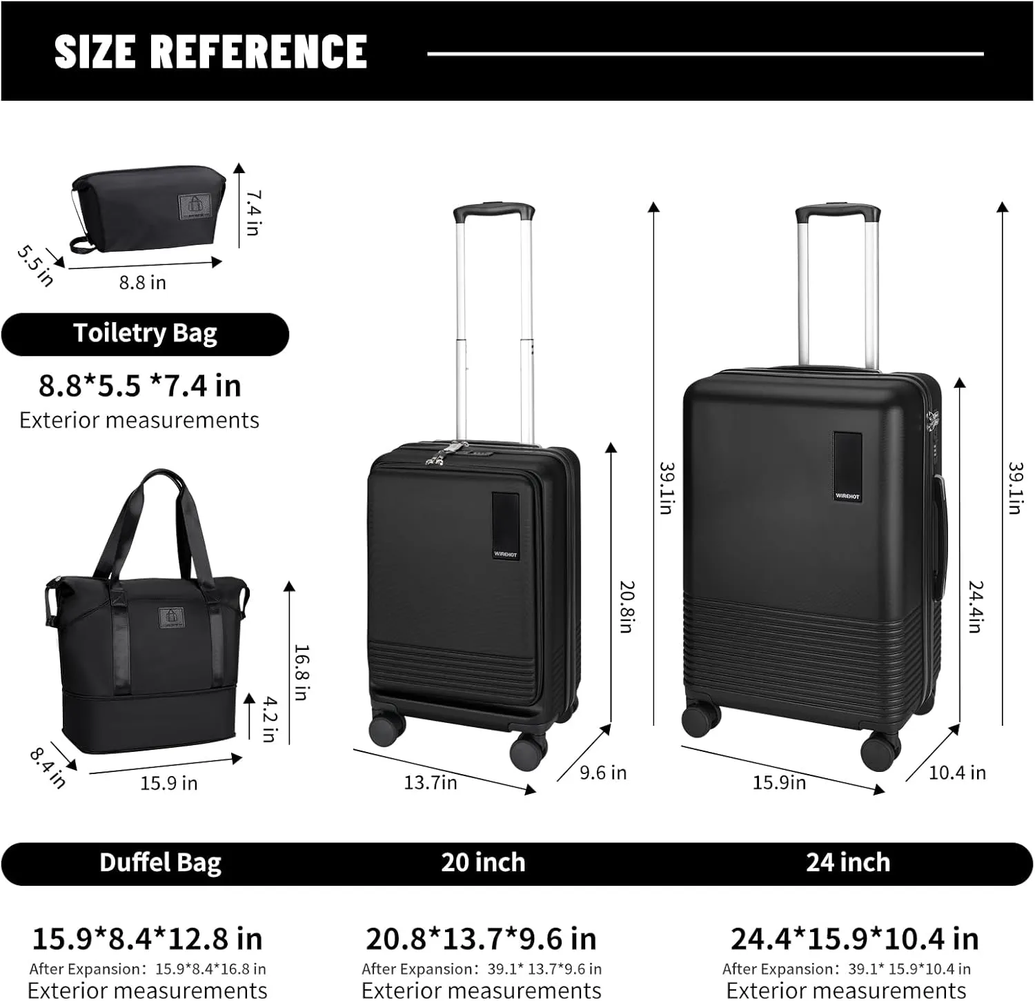 2 Piece Luggage Sets with Spinner Wheels Front Open Pocket, ABS PC Suitcase with TSA Lock & YKK Zipper, Carry On 20/24 inch Medium  Toiletry Bag Handbag, Black