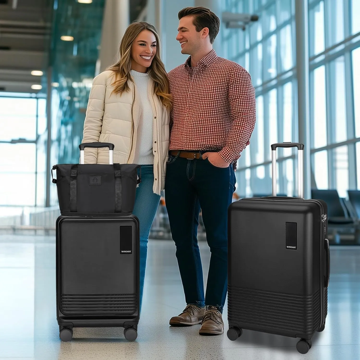 2 Piece Luggage Sets with Spinner Wheels Front Open Pocket, ABS PC Suitcase with TSA Lock & YKK Zipper, Carry On 20/24 inch Medium  Toiletry Bag Handbag, Black