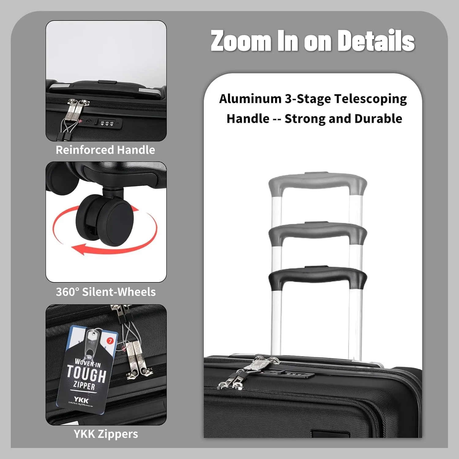 2 Piece Luggage Sets with Spinner Wheels Front Open Pocket, ABS PC Suitcase with TSA Lock & YKK Zipper, Carry On 20/24 inch Medium  Toiletry Bag Handbag, Black