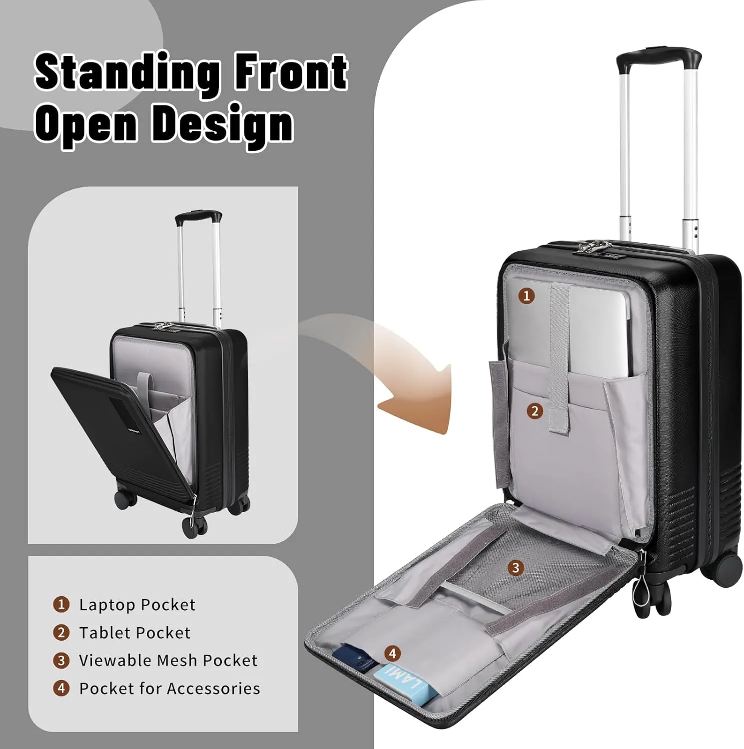 2 Piece Luggage Sets with Spinner Wheels Front Open Pocket, ABS PC Suitcase with TSA Lock & YKK Zipper, Carry On 20/24 inch Medium  Toiletry Bag Handbag, Black