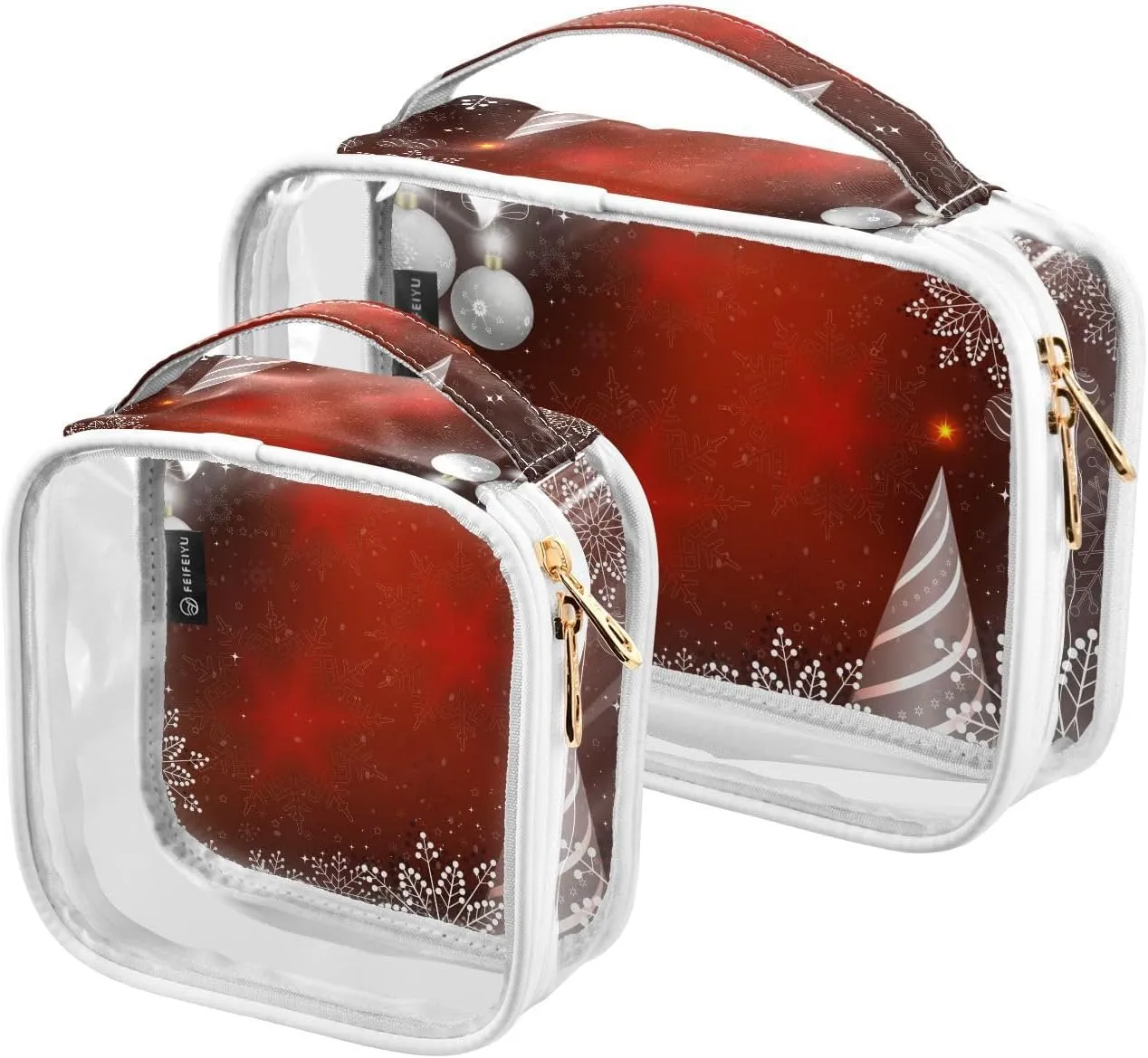 2 Pieces Large Clear Travel Toiletry Bag with Zippers, PVC Waterproof Travel Organizer, Christmas-red-spruce-white Plastic Tote Bags.