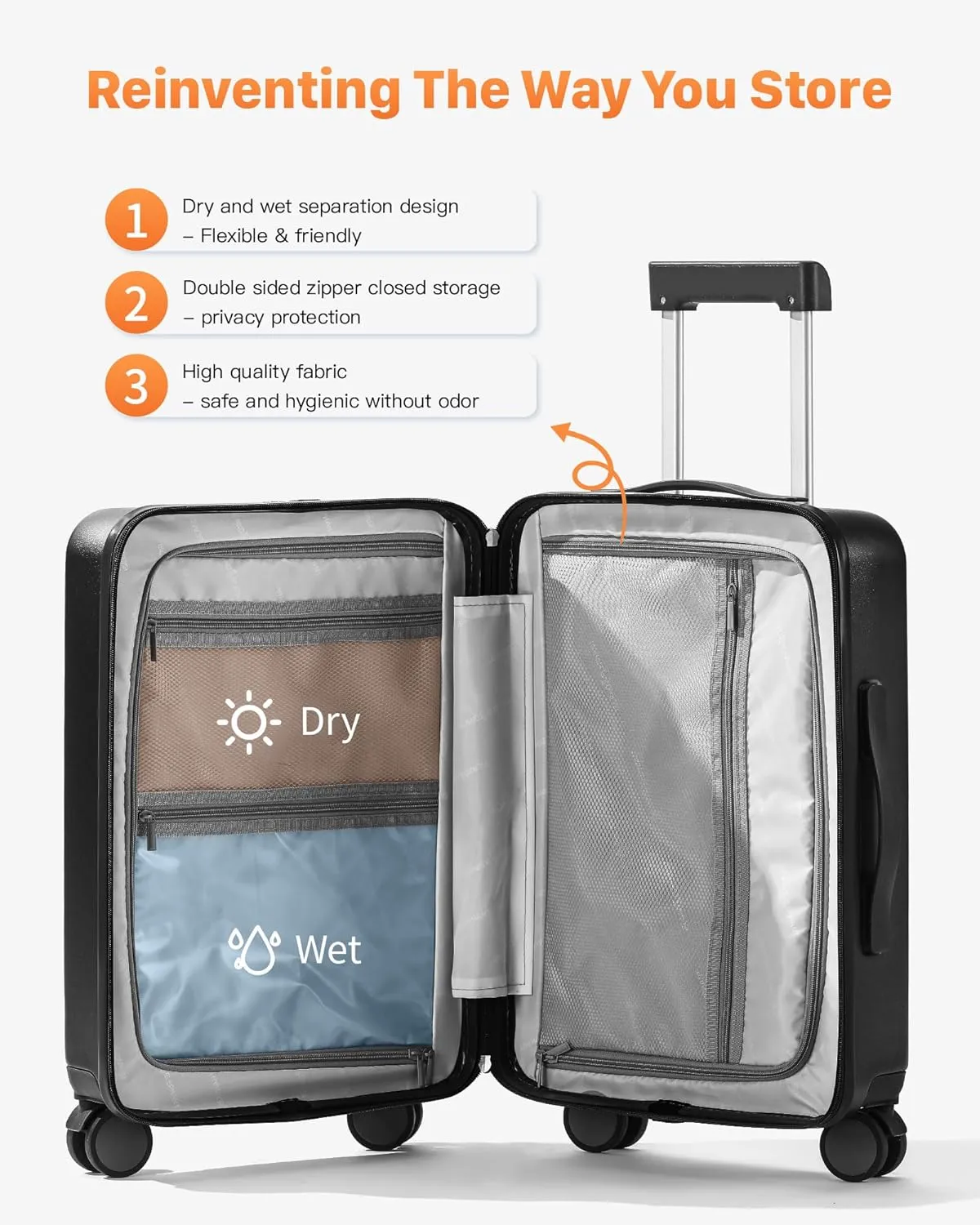 20 IN Carry On Luggage 22x14x9 Airline Approved - Front Pocket Hardside Travel Suitcase Unbreakable -with Cup Holder,Charging Port,Side Pothook, 360°Spinner Wheels,TSA Lock, Black