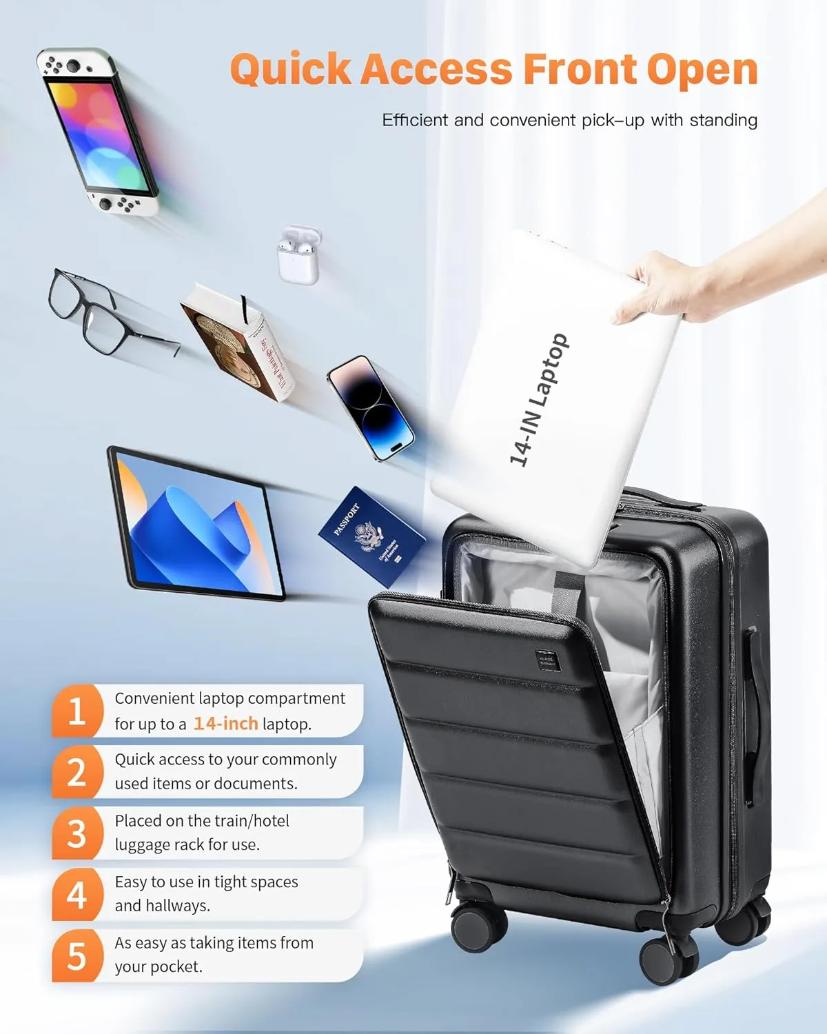 20 IN Carry On Luggage 22x14x9 Airline Approved - Front Pocket Hardside Travel Suitcase Unbreakable -with Cup Holder,Charging Port,Side Pothook, 360°Spinner Wheels,TSA Lock, Black