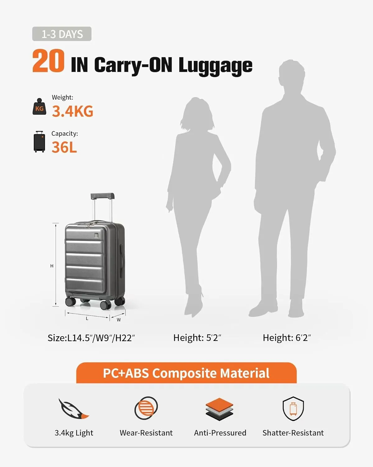 20 IN Carry On Luggage 22x14x9 Airline Approved - Front Pocket Hardside Travel Suitcase Unbreakable -with Cup Holder,Charging Port,Side Pothook, 360°Spinner Wheels,TSA Lock, Black