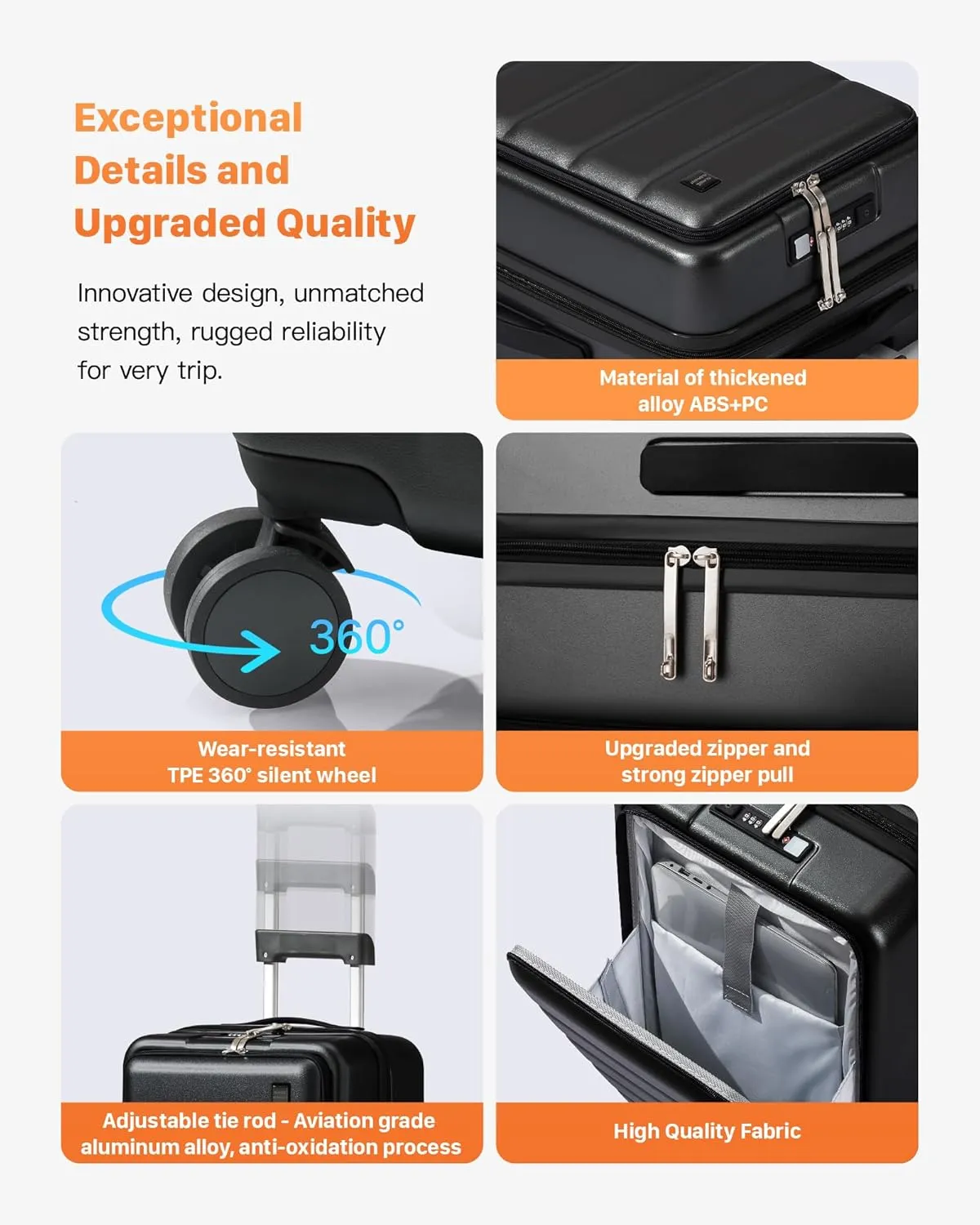 20 IN Carry On Luggage 22x14x9 Airline Approved - Front Pocket Hardside Travel Suitcase Unbreakable -with Cup Holder,Charging Port,Side Pothook, 360°Spinner Wheels,TSA Lock, Black