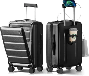 20 IN Carry On Luggage 22x14x9 Airline Approved - Front Pocket Hardside Travel Suitcase Unbreakable -with Cup Holder,Charging Port,Side Pothook, 360°Spinner Wheels,TSA Lock, Black