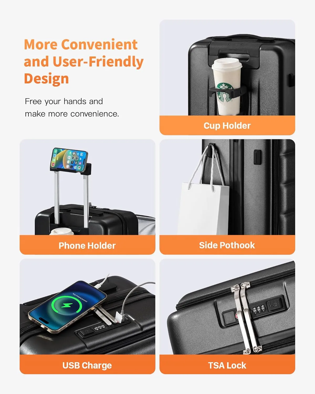 20 IN Carry On Luggage 22x14x9 Airline Approved - Front Pocket Hardside Travel Suitcase Unbreakable -with Cup Holder,Charging Port,Side Pothook, 360°Spinner Wheels,TSA Lock, Black